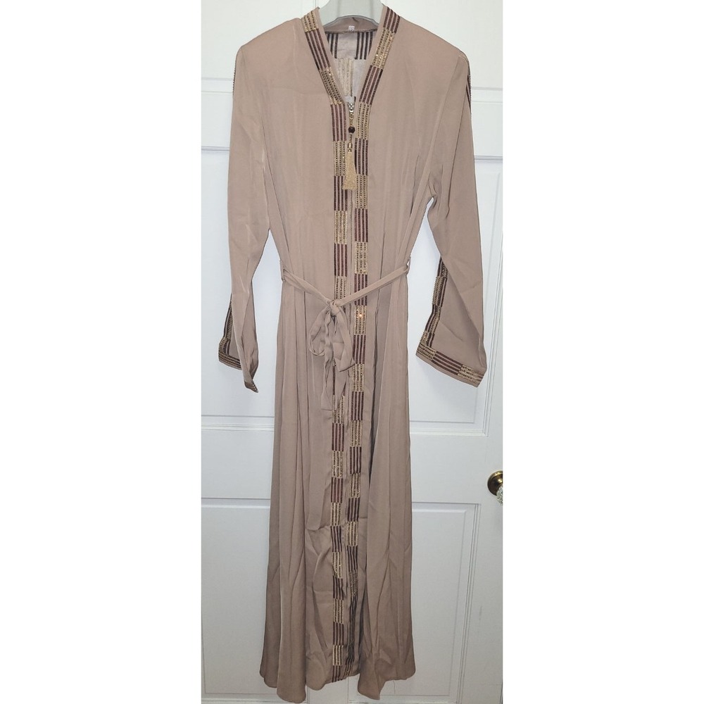 Women's Musliim Modest Abaya Maxi Dress - Tan w/ Embroidery & Rhinestones - Sz 2
